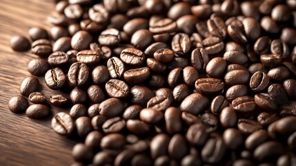Raw coffee beans spread across a wooden surface with a warm and inviting texture and rich dark color