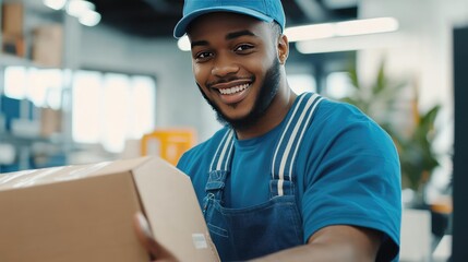 Modern Delivery Specialist in Work Overalls Conducting a Video Call with Energetic Gesture While Handling a Crumpled Package on a Worktable