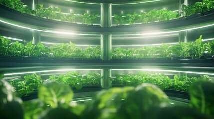 Naklejka premium Futuristic hydroponic vertical farm showcasing advanced technology and sustainable agriculture methods.