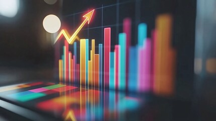 Mobile phone displaying upward trending financial charts; background blurred