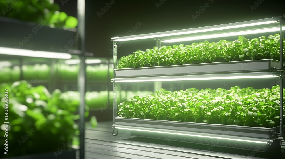 Poster high-tech hydroponic vertical farm showcasing futuristic design and advanced technology in agricultu