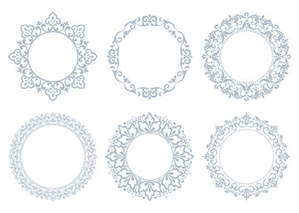 Set of decorative frames Elegant vector element for design in Eastern style, place for text. Floral gray and white borders. Lace illustration for invitations and greeting cards