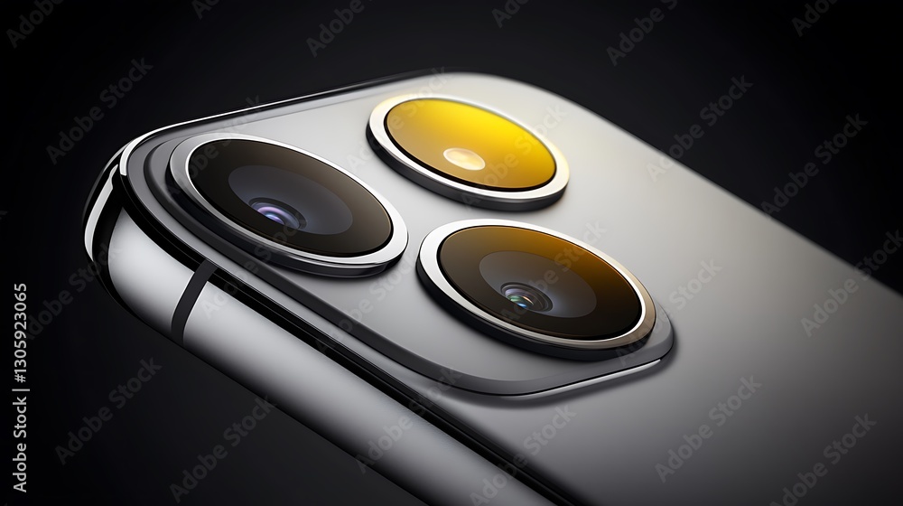 Poster close-up view of a modern smartphone with triple camera setup and sleek metallic design against dark