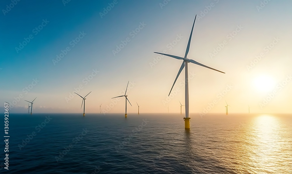 Poster ahmadwahyuutomo776@gmail.com futuristic offshore wind turbine farm in deep ocean setting, showcasing