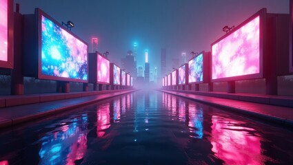 Fototapeta premium Futuristic Cityscape Night Scene Neon Billboards Reflecting on Water Canal