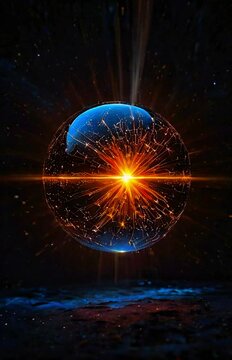 A crystal sphere ball emitting light from its core, big giant ball in the air moving with glowing red light rays spreading around it looks like a planet in space generative AI