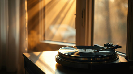 "A vintage turntable playing a vinyl record by a window, illuminated by warm golden volumetric lighting, ethereal and spiritual."