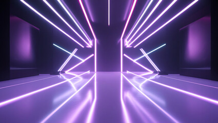 AI Generative. A vibrant retro-futuristic stage illuminated by neon purple and pink laser beams, arranged symmetrically in a dramatic V-shape. 18