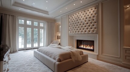 Luxury design bedroom with a monochromatic palette, upholstered wall panels, and a built-in fireplace