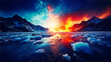Fototapeta premium Fiery Ice Landscape at Sunset
