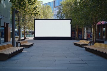 Blank outdoor billboard in a city plaza.
