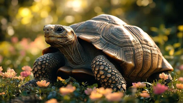 Tortoise Resting Among Colorful Flowers in Lush Garden Serene Outdoor Scene Showcasing Natures Wildlife and Beauty of Flora and Fauna with Its Textured Shell.