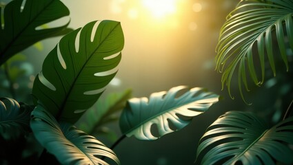 Lush Tropical Monstera and Palm Leaves in Golden Sunlight Vibrant Green Foliage Background