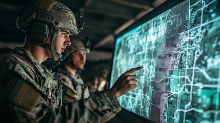 Fototapeta premium American soldiers analyzing digital map during military operation planning