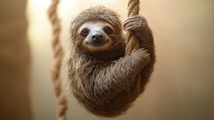 Naklejka premium Sloth hanging from rope, zoo enclosure
