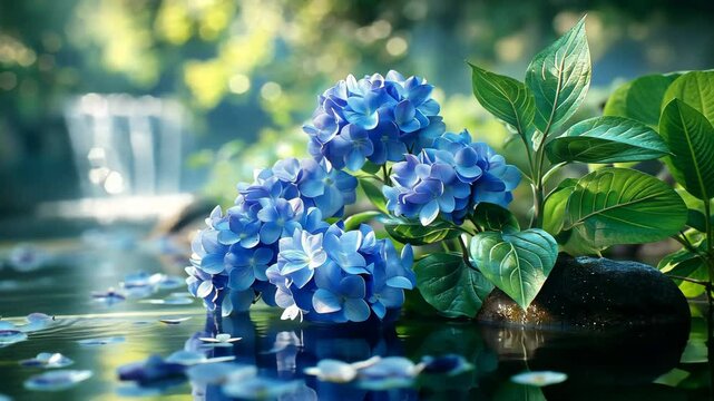 Tranquil Garden of Blue Hydrangeas Blooming by Serene Pond, Surrounded by Lush Green Leaves and Gentle Water Reflections, Embracing Natures Peace and Beauty.