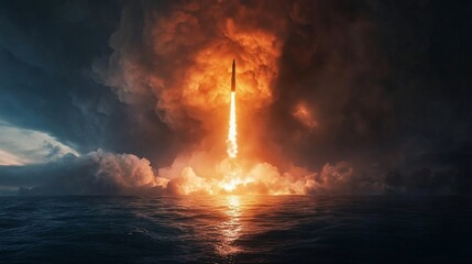 Obraz premium Dramatic Rocket Launch over the Ocean with Fiery Clouds at Dusk