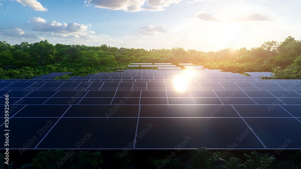 Poster ahmadwahyuutomo776@gmail.com futuristic solar farm with vast solar panels reflecting sunlight in an 
