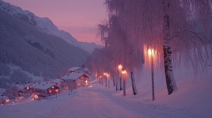 Snowy Village at Dusk in Mountains