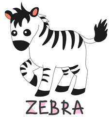 Obraz premium cute cartoon black and white zebra with colorful text below hand written