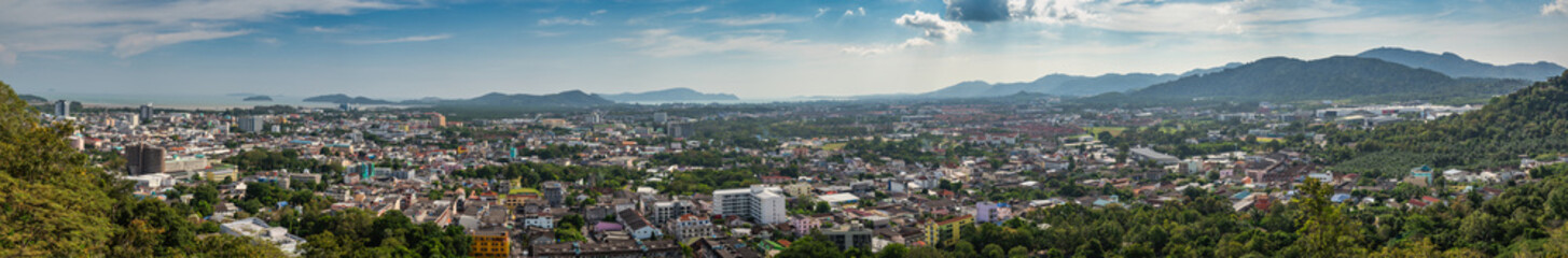 Phuket panorama city skyline with sea ocean and mountain, Phuket Thailand
