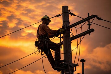 Silhouetted Electrician Working on Power Lines at Sunset