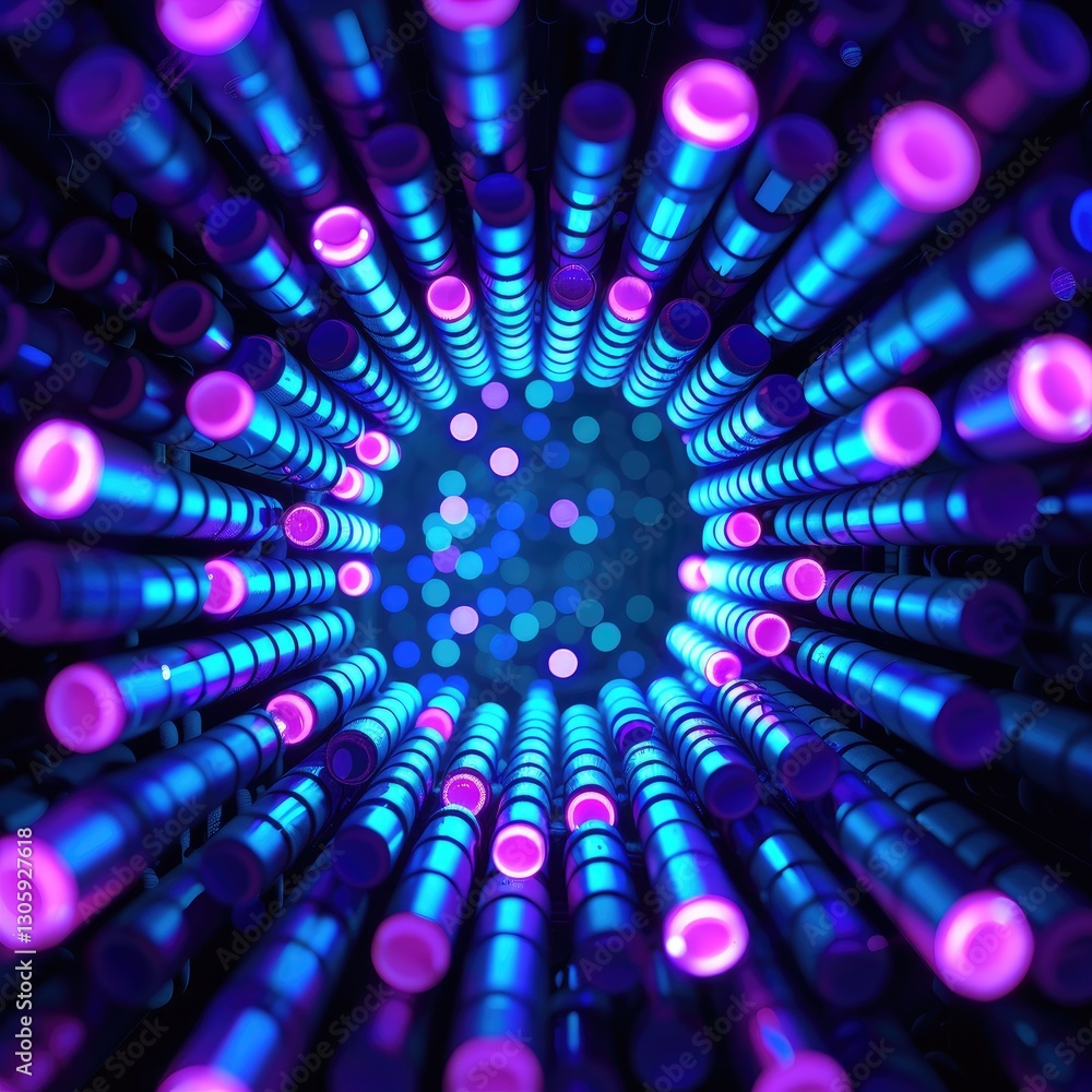 Poster a captivating view of colorful tubes illuminated in blue and purple, creating a mesmerizing tunnel e
