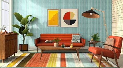 Mid-century modern living room with vintage furniture pieces, a retro floor lamp, and bold geometric patterns for a nostalgic design