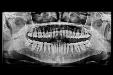 Dental panoramic x-ray of an adult patient showing a clear bone structure of the temporomandibular joint and maxillary sinus with all teeth well-aligned, and a partially decayed first lower molar.