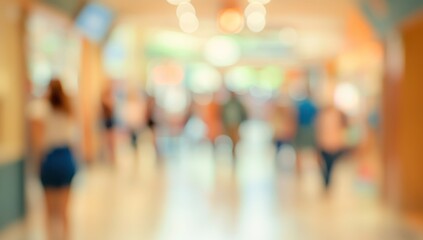 Blurred view of a bustling indoor shopping mall corridor. People walking, light reflections, and store fronts.