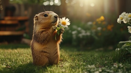 Cute groundhog in Spring field.