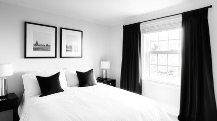 Minimalist black and white bedroom with white bedding, black accent pillows, and monochrome artwork for a crisp look