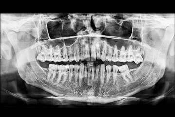 Dental panoramic x-ray radiograph of an adult patient showing a dentition with a lower molar and upper premolar partially restored with dental filling, a missing lower molars and large sinus cavities.