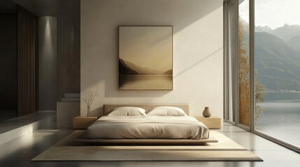 Minimalist contemporary bedroom with clean lines, a neutral bedspread, and subtle pops of color in decor and art