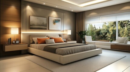 Fototapeta premium Minimalist contemporary bedroom with clean lines, a neutral bedspread, and subtle pops of color in decor and art