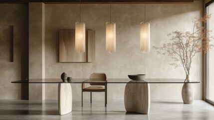 Minimalist dining area with a glass-top table, subtle pendant lights, and an emphasis on neutral tones and textures