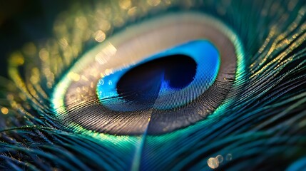 Naklejka premium Captivating Peacock Feather Close Up with Vibrant Teal and Gold Hues