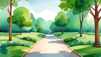 Naklejka premium Walking path through the park with watercolor trees and sunny sky