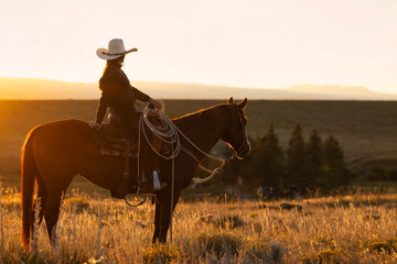 Colorado Cowgirl riding in Mountain ranch on Quarter Horse