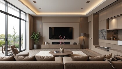 Fototapeta premium Modern living room design contemporary home interior cozy environment wide angle minimalist concept