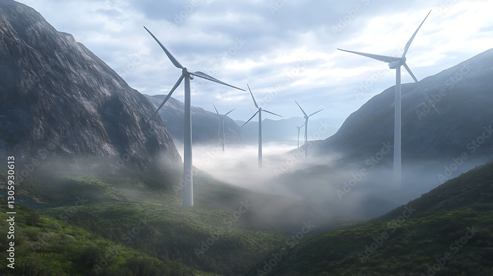 Fototapete ahmadwahyuutomo776@gmail.com Futuristic wind turbine farm with gigantic structures in a modern landscape.