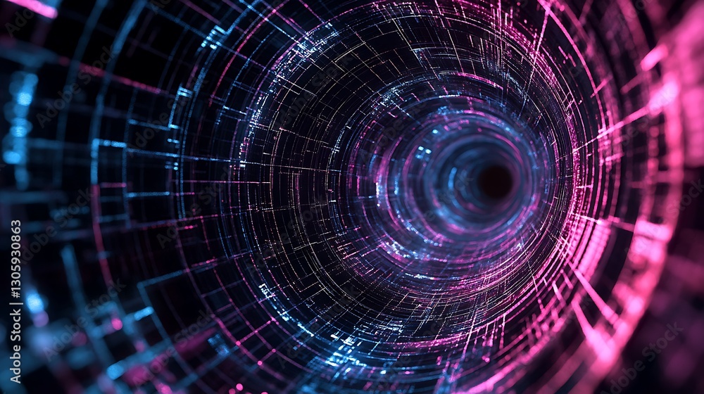 Poster abstract swirling tunnel of data light for symbolizing the boundless potential energy of technology 