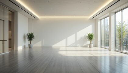 Fototapeta premium Modern empty office space with natural light and plants