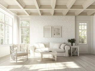 Bright, airy, light-filled living room with exposed beams, white brick wall, and natural light.