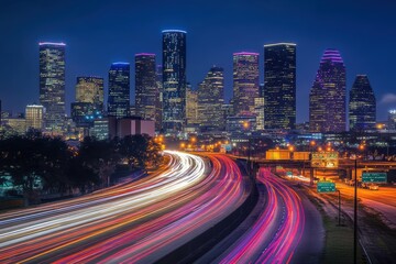 Aerial city skyline featuring a busy highway and freeway intersecting among buildings.