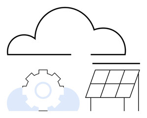 Minimalist design with a cloud, gear, and solar panel combining themes of cloud computing, technology, and clean energy. Ideal for sustainability, innovation, green energy, technology eco-friendly
