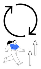 Individual walking forward, surrounded by large circular arrow and upward-pointing arrows. Ideal for growth, progress, success, personal development, upward mobility, self-improvement, flat simple