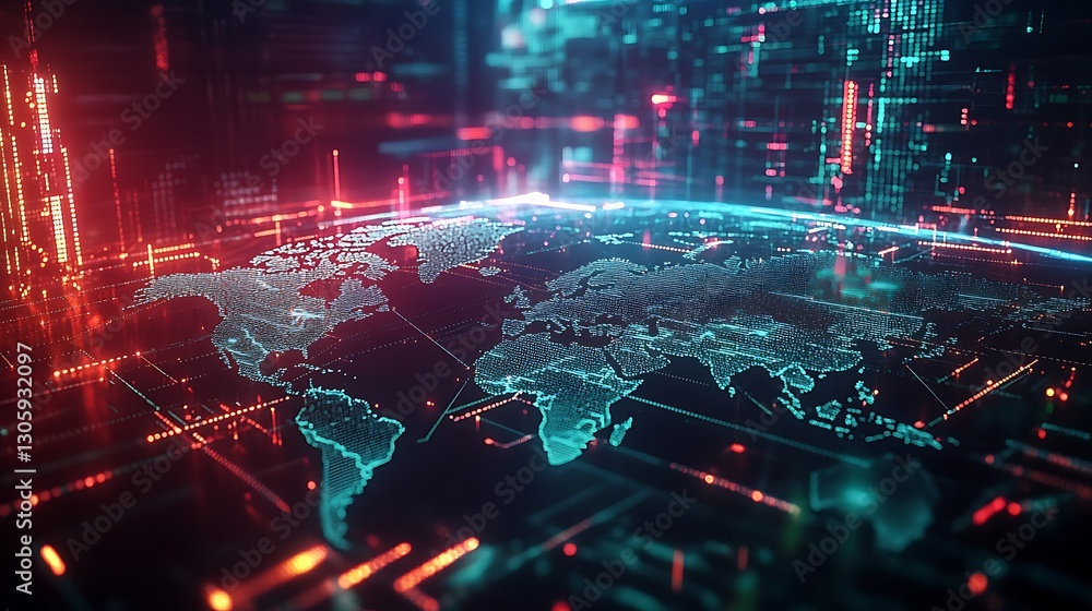 Poster ahmadwahyuutomo776@gmail.com A vibrant neon-lit depiction of a global economic network in finance.