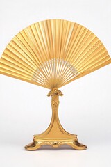 Golden hand fan on stand, white background, decorative, home decor