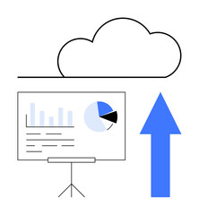 Analytics chart on tripod next to upward arrow and cloud outline indicating performance, growth, storage, analysis. Ideal for data management, cloud service, progress, presentation, strategy vision